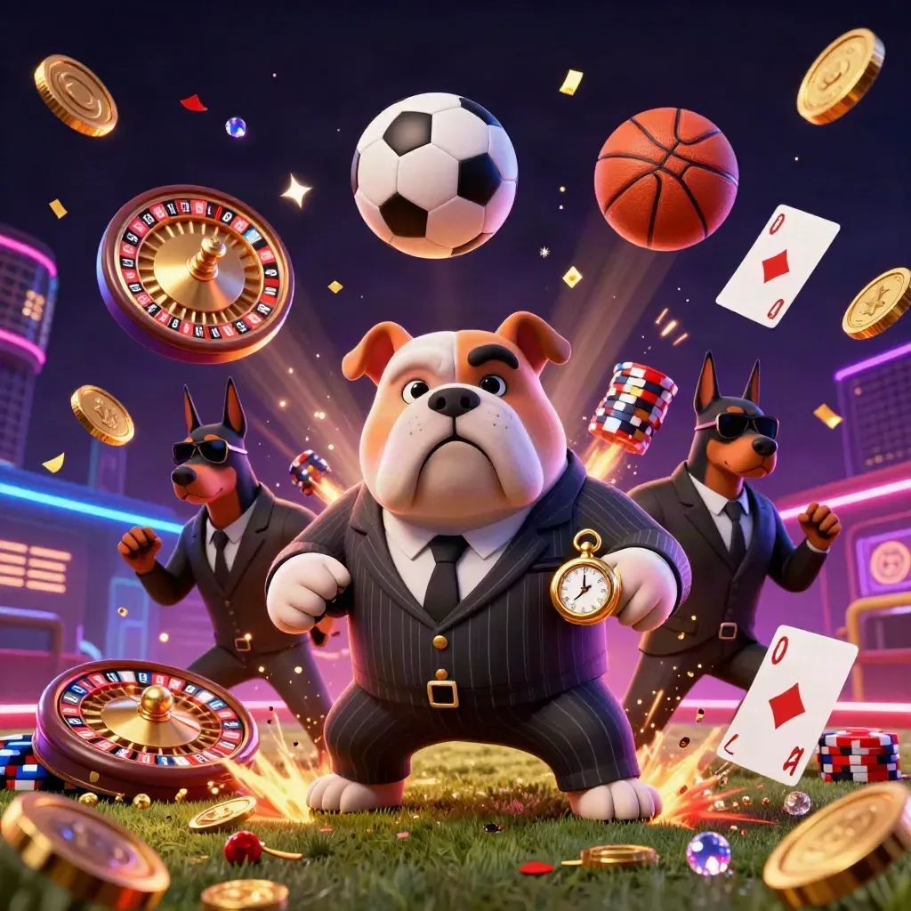 Bulldog boss and Dobermans amid exploding balls, coins, chips and neon casino light