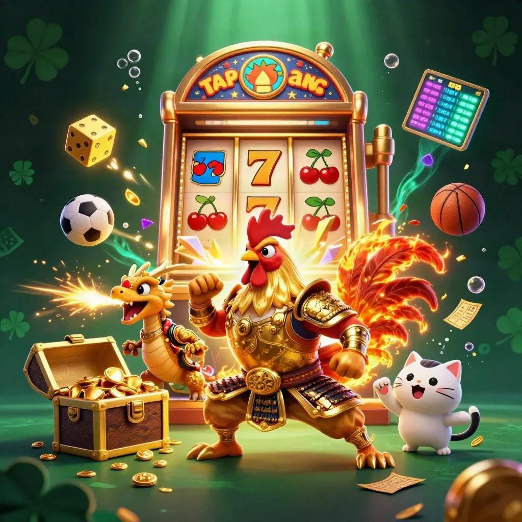 Rooster warrior, dragon hatchling, fortune-cat amid exploding slot machine, gold, sports and neon.