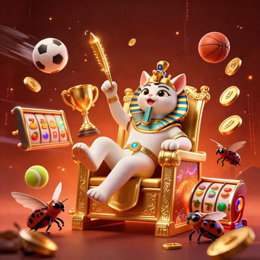 Pharaoh cat, ibis scribe, and gem-winged scarabs amid sports balls, coins, and gold casino effects