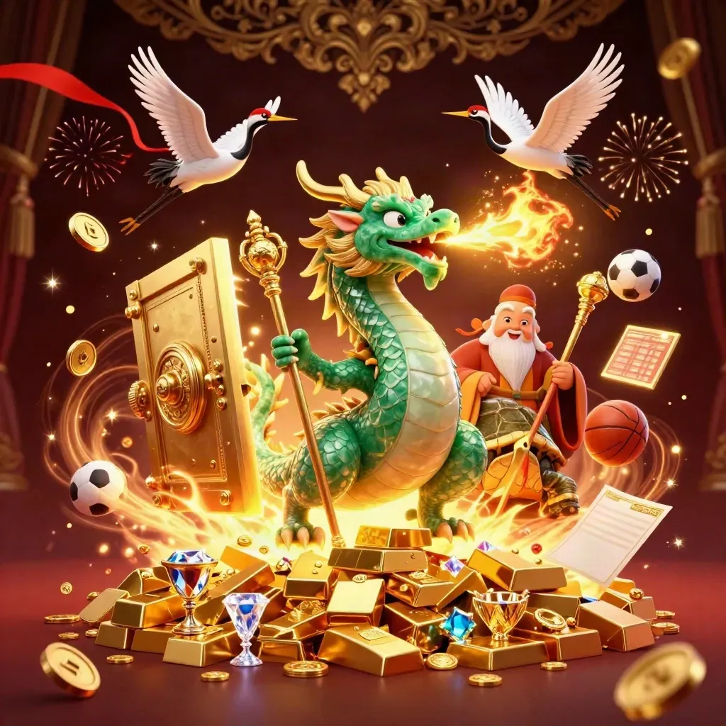 Dragon, turtle sage, cranes, and casino treasures burst from an open vault amid fireworks.