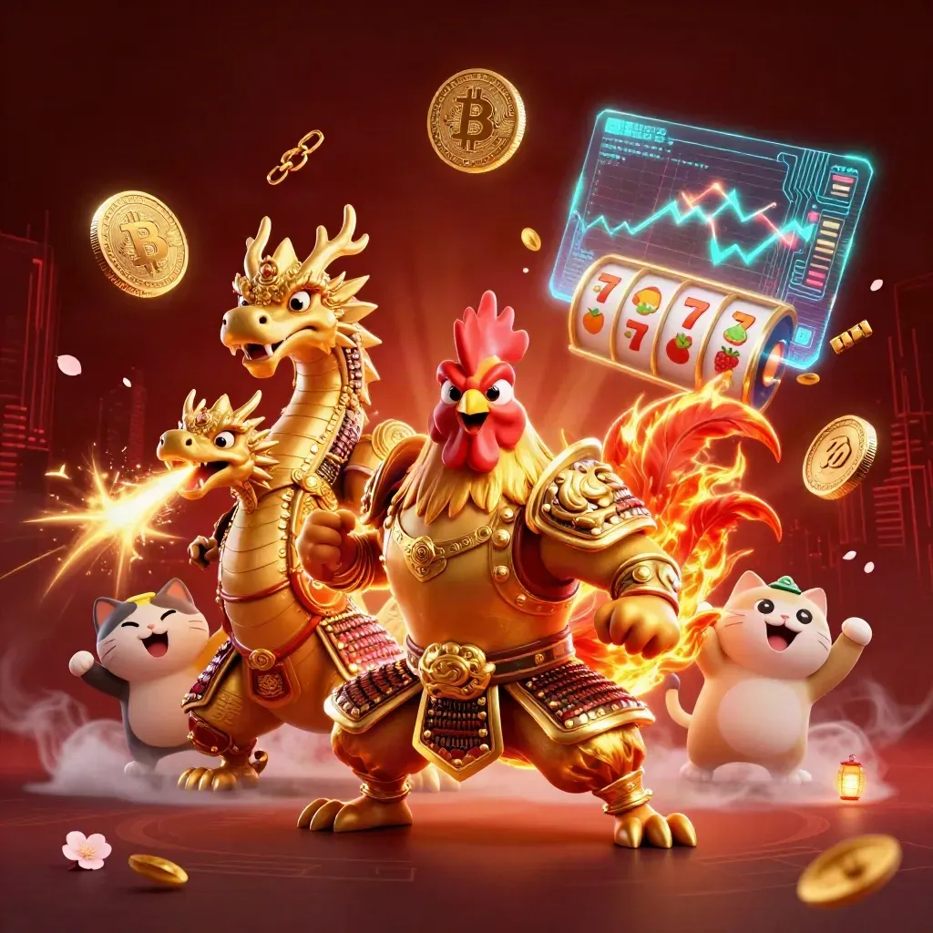 Samurai rooster, spark-breathing hatchling, and fortune cat amid coins, reels, and red neon