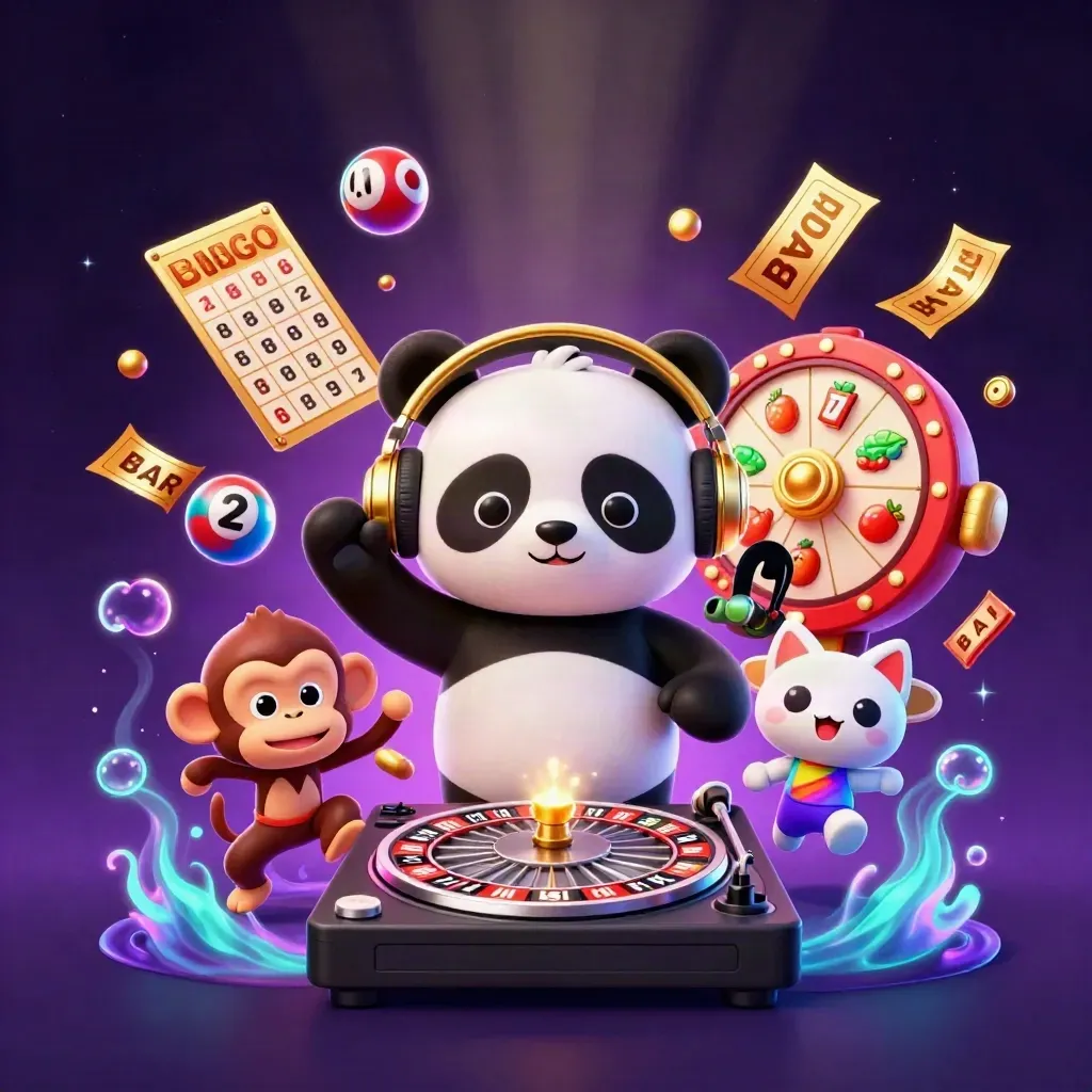 Panda DJ, breakdancing monkey, and glow-stick kitten amid neon casino bursts and glowing effects.